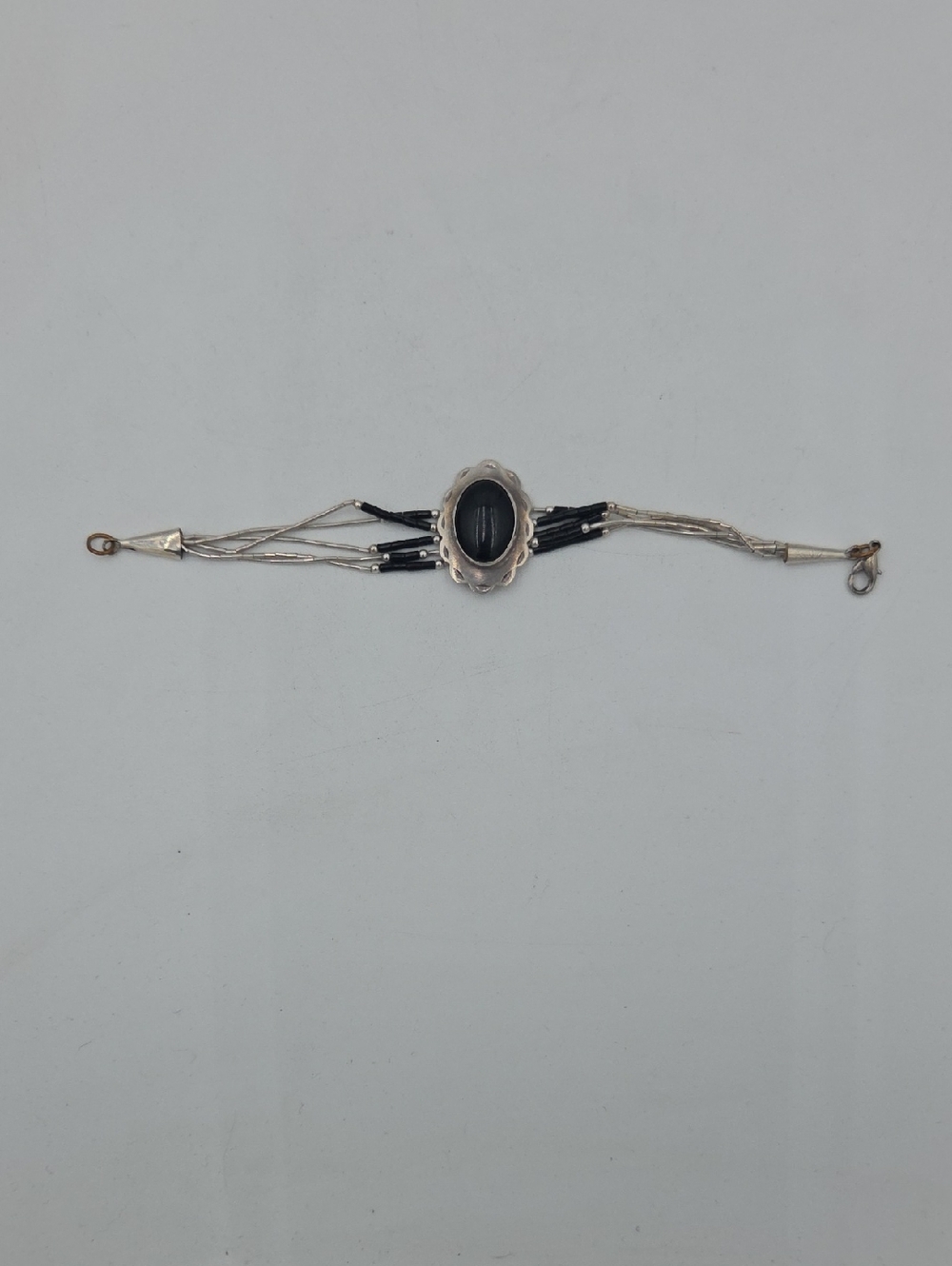 Sterling Silver Native American Bracelet with Black Oval Stone